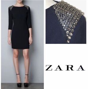 Zara Woman Black 3/4 Sleeve Embellished Rhinestone Shoulder LBD Cocktail Dress